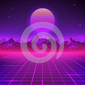Retro landscape in purple colors. Futuristic planet neon mountains and sunset background. Sci-fi abstract geometric landscape
