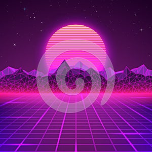 Retro landscape in purple colors. Futuristic planet neon mountains and sunset background. Sci-fi abstract geometric landscape.