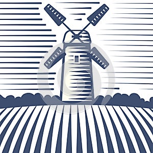 Retro landscape windmill vector illustration farm house agriculture graphic antique drawing.