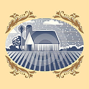 Retro landscapes vector illustration farm house agriculture graphic countryside scenic antique drawing.