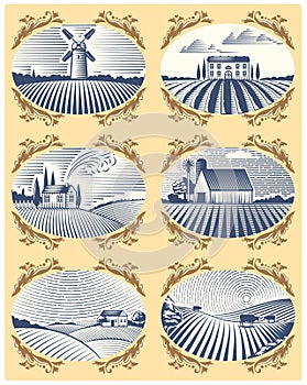 Retro landscapes vector illustration farm house and field agriculture graphic countryside scenic antique drawing.