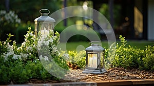 a retro lantern with candles stands in a flowerbed.