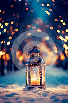 Retro lantern lighting in snow on Christmas evening