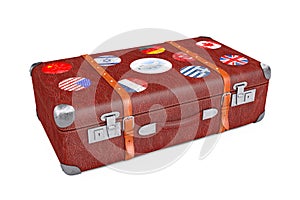 Retro Leather Brown Threadbare Suitcase With Travel Stickers, Metal Corners and Belts. 3d Rendering