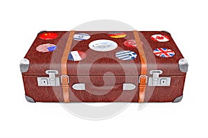 Retro Leather Brown Threadbare Suitcase With Travel Stickers, Metal Corners and Belts. 3d Rendering
