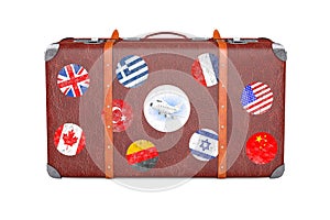 Retro Leather Brown Threadbare Suitcase With Travel Stickers, Metal Corners and Belts. 3d Rendering