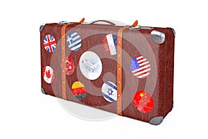 Retro Leather Brown Threadbare Suitcase With Travel Stickers, Metal Corners and Belts. 3d Rendering