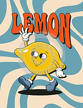 Retro Lemon Cartoon Character Poster. Vector Funny Comic Illustration in Trendy Groovy Style