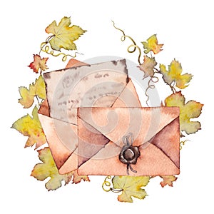 Retro letters and envelopes with autumn grape leaves.