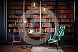 Retro library with wooden book shelf vintage interior