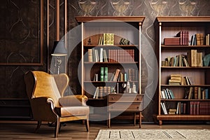 Retro library with wooden book shelf vintage interior