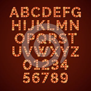 Retro light bulb bright alphabet, vector font