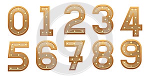 Retro light sign numbers set. Golden numerals with bulbs. Vintage vector illustration.