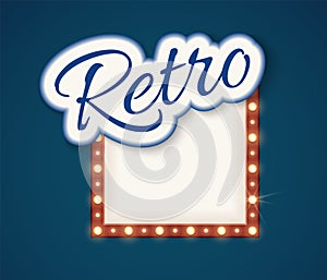 Retro lights banner. Shine cinema show or circus element. Neon lamp bulbs frame with empty place for text vector sign