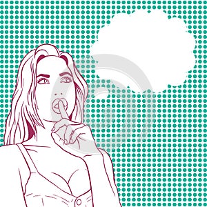 Retro line art style vector portrait. Pop Art Vintage advertising poster comic girl with speech bubble. Confused thinking pretty g