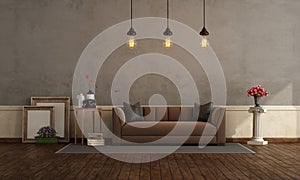 Retro living room with brown sofa