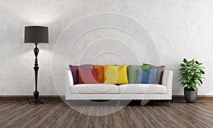 Retro living room with colorful couch