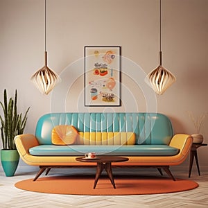 Retro Living Room: Colorful Couches And Pastel Paintings photo