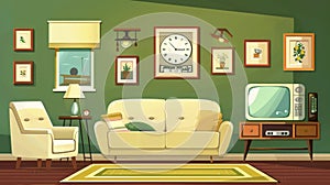 A retro living room with couches, armchairs, clocks, lamps, and picture frames. Modern illustration of retro lounge with