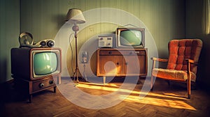 Retro living room design with old television, cabinet and radio. Generative Ai