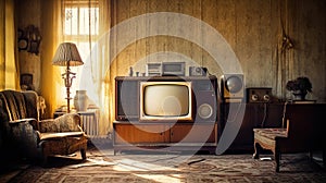 Retro living room design with old television, cabinet and radio. Generative Ai