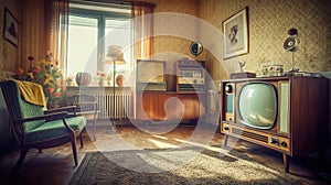 Retro living room design with old television, cabinet and radio. Generative Ai