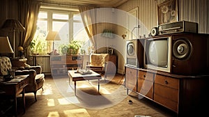 Retro living room design with old television, cabinet and radio. Generative Ai