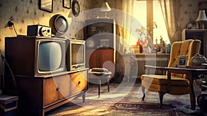 Retro living room design with old television, cabinet and radio. Generative Ai