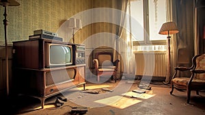 Retro living room design with old television, cabinet and radio. Generative Ai
