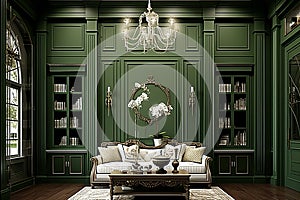 Retro Living Room Interior with Dim Lighting and Luxurious Green Furniture