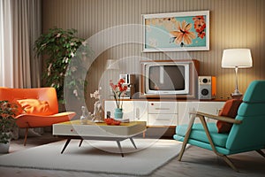 Retro living room interior with tv