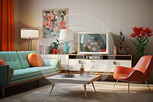 Retro living room interior with tv