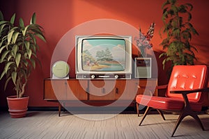 Retro living room interior with tv