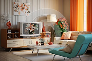 Retro living room interior with tv