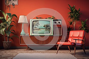 Retro living room interior with tv