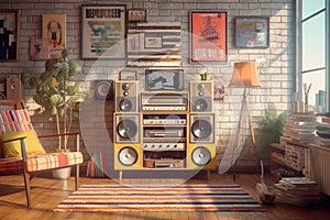 A retro living room setup with a hi-fi system consisting of a cassette player, equalizer, and speakers, surrounded by vintage