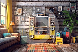 A retro living room setup with a hi-fi system consisting of a cassette player, equalizer, and speakers, surrounded by vintage