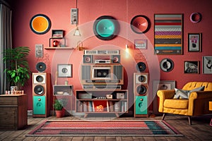 A retro living room setup with a hi-fi system consisting of a cassette player, equalizer, and speakers, surrounded by vintage