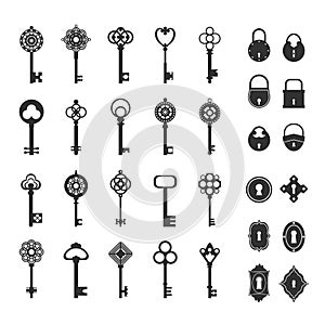 Retro locks and keys set. Vintage silhouettes for safes doors classic medieval style for opening treasure chests