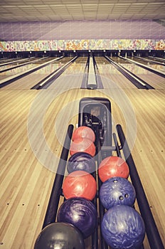 Retro look red, blue and purple bowling ball