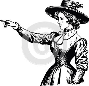 Retro looking woman pointing direction with her finger. Vector black vintage engraving isolated on white background