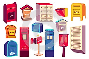 Retro mail boxes mega set elements in flat design. Vector illustration