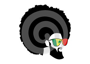 Retro man in 1970s hairstyle. Frizzy, 70`s with beard and sunglasses of Senegal flag. Funky cool African man with afro hairstyle