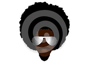 Retro man in 1970s hairstyle. Frizzy, 70`s with goatee. Funky cool african man with afro hairstyle and sunglasses