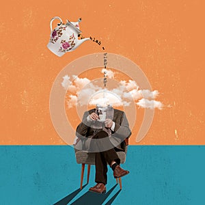 Retro man with cup of tea and dreams cloud instead of head sitting and dreaming. Blah blah blah as symbol of fake news