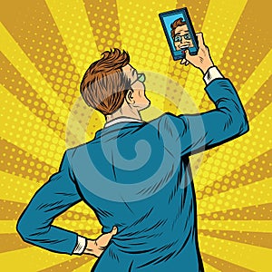 Retro man selfie on smartphone