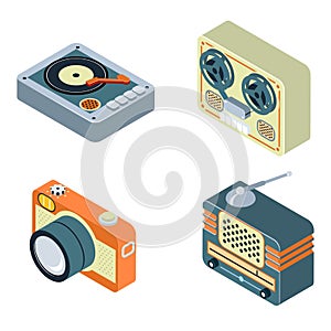 Retro media. Radio, reel tape recorder, turntable