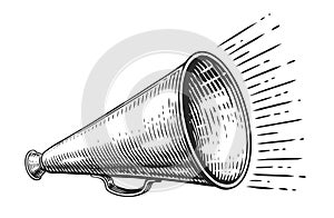 Retro megaphone sketch. Screaming bullhorn advertising, vintage announcement, propaganda. Vector illustration