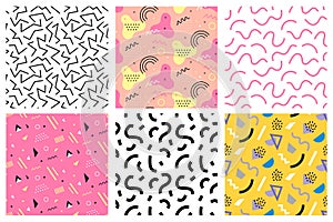 Retro memphis seamless patterns set. 80-90s fashion style