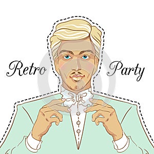 Retro men`s set: young beautiful men of 1920s. Vintage style vector illustration isolated. Retro party invitation design.